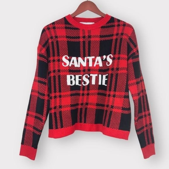 DEREK HEART Sequin Santa’s Bestie Buffalo Plaid Pullover Sweater Size La… - Picture 1 of 7